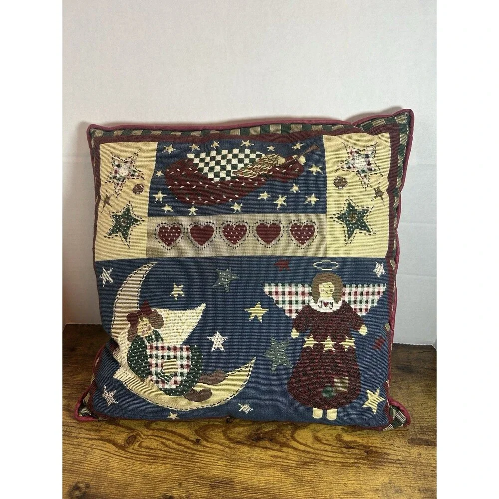 Vintage Christmas Tapestry Pillow Angels Moon Stars Folk Art Cottagecore Decor